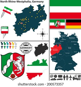 Vector map of state North Rhine-Westphalia with coat of arms and location on Germany map