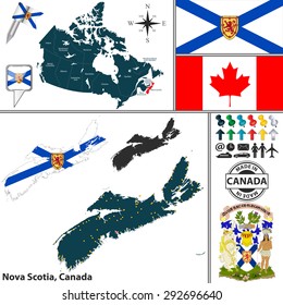 Vector map of state Nova Scotia with coat of arms and location on Canadian map