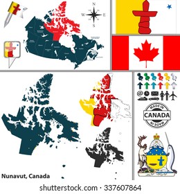 Vector map of state Nunavut, with coat of arms and location on Canadian map