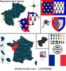 Vector map of state Pays de la Loire with coat of arms and location on France map