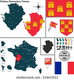 Vector map of state Poitou-Charentes with coat of arms and location on France map