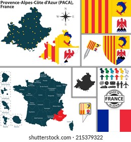 Vector map of state Provence-Alpes-Cote dAzur with coat of arms and location on France map