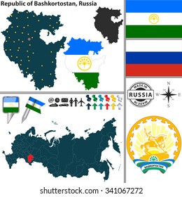 Vector map of state Republic of Bashkortostan with coat of arms and location on Russian map