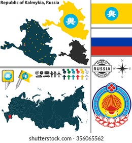 Vector map of state Republic of Kalmykia with coat of arms and location on Russian map