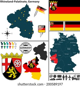 Vector map of state Rhineland-Palatinate with coat of arms and location on Germany map