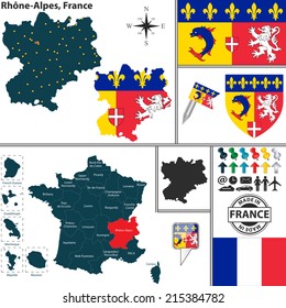 Vector map of state Rhone-Alpes with coat of arms and location on France map