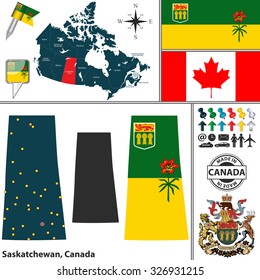 Vector map of state Saskatchewan with coat of arms and location on Canadian map