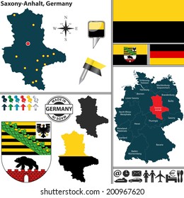 Vector map of state Saxony-Anhalt with coat of arms and location on Germany map