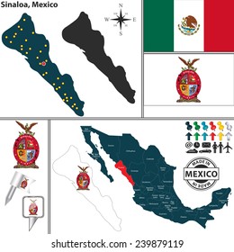 Vector map of state Sinaloa with coat of arms and location on Mexico map