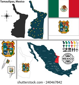 Vector map of state Tamaulipas with coat of arms and location on Mexico map