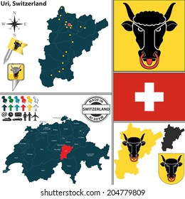 Vector map of state Uri with coat of arms and location on Switzerland map