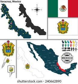 Vector map of state Veracruz with coat of arms and location on Mexico map