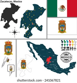 Vector map of state Zacatecas with coat of arms and location on Mexico map