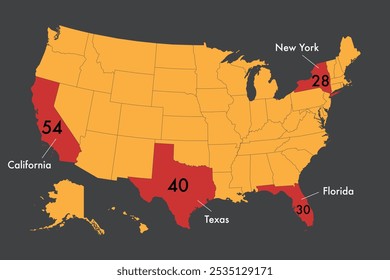 Mapa de Vector de los estados con más votos electorales para las elecciones presidenciales de 2024 en Estados Unidos