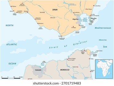 Mapa vetorial do Estreito de Gibraltar, via navegável entre Espanha e Marrocos