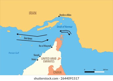 Vector Map of the Strait of Hormuz with Sea Lanes, Surrounding Territories, and Shipping Routes