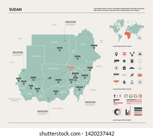 Vector map of Sudan. Country map with division, cities and capital Khartoum. Political map,  world map, infographic elements. 