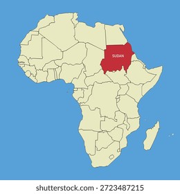 Mapa vetorial do Sudão, ilustração silhueta do mapa vetorial isolado no mapa da África. Estado do continente africano