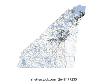 Vector map of Suffolk detailing highways, buildings, and waterways. Shows the city's complex infrastructure and urban layout.