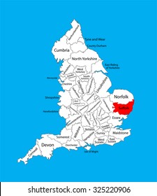 Vector map of Suffolk in East of England, United Kingdom with regions. England vector map. 