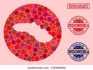 Vector map of Sumba Island collage of circle elements and red grunge seal stamp. Stencil round map of Sumba Island collage composed with circles in different sizes, and red color hues.