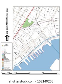 Vector map with summits, rivers, railroads, streets, lakes, parks, airports, stadiums, correctional facilities, military installations and federal lands by zip code 10038 with labels and clean layers.