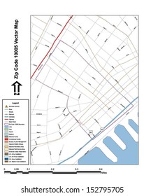 Vector Map With Summits, Rivers, Railroads, Streets, Lakes, Parks, Airports, Stadiums, Correctional Facilities, Military Installations And Federal Lands By Zip Code 10005 With Labels And Clean Layers.