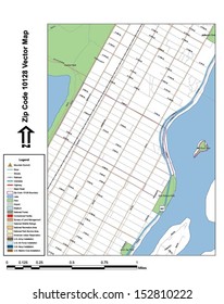 Vector map with summits, rivers, railroads, streets, lakes, parks, airports, stadiums, correctional facilities, military installations and federal lands by zip code 10128 with labels and clean layers.