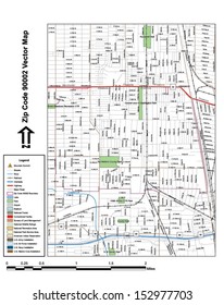 Vector map with summits, rivers, railroads, streets, lakes, parks, airports, stadiums, correctional facilities, military installations and federal lands by zip code 90002 with labels and clean layers.