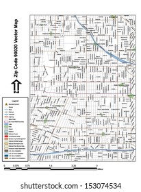 Vector Map With Summits, Rivers, Railroads, Streets, Lakes, Parks, Airports, Stadiums, Correctional Facilities, Military Installations And Federal Lands By Zip Code 90020 With Labels And Clean Layers.