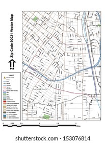 Vector map with summits, rivers, railroads, streets, lakes, parks, airports, stadiums, correctional facilities, military installations and federal lands by zip code 90021 with labels and clean layers.