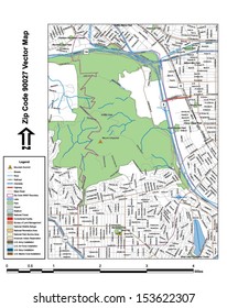 Vector map with summits, rivers, railroads, streets, lakes, parks, airports, stadiums, correctional facilities, military installations and federal lands by zip code 90027 with labels and clean layers.