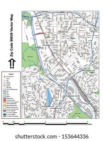 Vector map with summits, rivers, railroads, streets, lakes, parks, airports, stadiums, correctional facilities, military installations and federal lands by zip code 90039 with labels and clean layers.