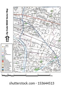 Vector map with summits, rivers, railroads, streets, lakes, parks, airports, stadiums, correctional facilities, military installations and federal lands by zip code 90040 with labels and clean layers.