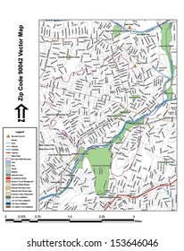 Vector map with summits, rivers, railroads, streets, lakes, parks, airports, stadiums, correctional facilities, military installations and federal lands by zip code 90042 with labels and clean layers.