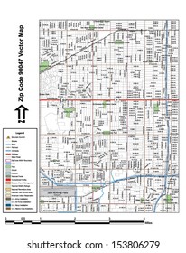 Vector map with summits, rivers, railroads, streets, lakes, parks, airports, stadiums, correctional facilities, military installations and federal lands by zip code 90047 with labels and clean layers.