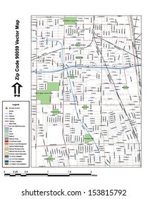 Vector map with summits, rivers, railroads, streets, lakes, parks, airports, stadiums, correctional facilities, military installations and federal lands by zip code 90061 with labels and clean layers.