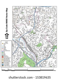Vector map with summits, rivers, railroads, streets, lakes, parks, airports, stadiums, correctional facilities, military installations and federal lands by zip code 90065 with labels and clean layers.
