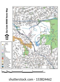 Vector map with summits, rivers, railroads, streets, lakes, parks, airports, stadiums, correctional facilities, military installations and federal lands by zip code 90068 with labels and clean layers.
