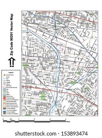 Vector map with summits, rivers, railroads, streets, lakes, parks, airports, stadiums, correctional facilities, military installations and federal lands by zip code 90201 with labels and clean layers.