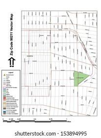 Vector map with summits, rivers, railroads, streets, lakes, parks, airports, stadiums, correctional facilities, military installations and federal lands by zip code 90211 with labels and clean layers.