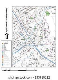 Vector map with summits, rivers, railroads, streets, lakes, parks, airports, stadiums, correctional facilities, military installations and federal lands by zip code 90230 with labels and clean layers.