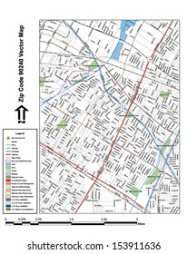 Vector map with summits, rivers, railroads, streets, lakes, parks, airports, stadiums, correctional facilities, military installations and federal lands by zip code 90240 with labels and clean layers.