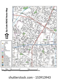Vector map with summits, rivers, railroads, streets, lakes, parks, airports, stadiums, correctional facilities, military installations and federal lands by zip code 90242 with labels and clean layers.