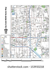 Vector map with summits, rivers, railroads, streets, lakes, parks, airports, stadiums, correctional facilities, military installations and federal lands by zip code 90248 with labels and clean layers.