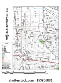 Vector map with summits, rivers, railroads, streets, lakes, parks, airports, stadiums, correctional facilities, military installations and federal lands by zip code 90255 with labels and clean layers.