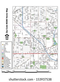 Vector map with summits, rivers, railroads, streets, lakes, parks, airports, stadiums, correctional facilities, military installations and federal lands by zip code 90260 with labels and clean layers.