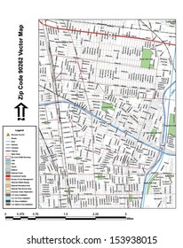 Vector map with summits, rivers, railroads, streets, lakes, parks, airports, stadiums, correctional facilities, military installations and federal lands by zip code 90262 with labels and clean layers.