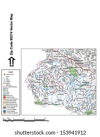 Vector map with summits, rivers, railroads, streets, lakes, parks, airports, stadiums, correctional facilities, military installations and federal lands by zip code 90274 with labels and clean layers.