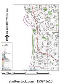 Vector map with summits, rivers, railroads, streets, lakes, parks, airports, stadiums, correctional facilities, military installations and federal lands by zip code 90277 with labels and clean layers.